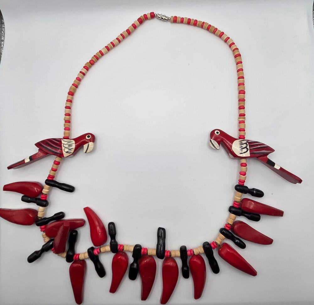 Vintage '60s Wooden Macaw & Red Chili  Necklace Statement